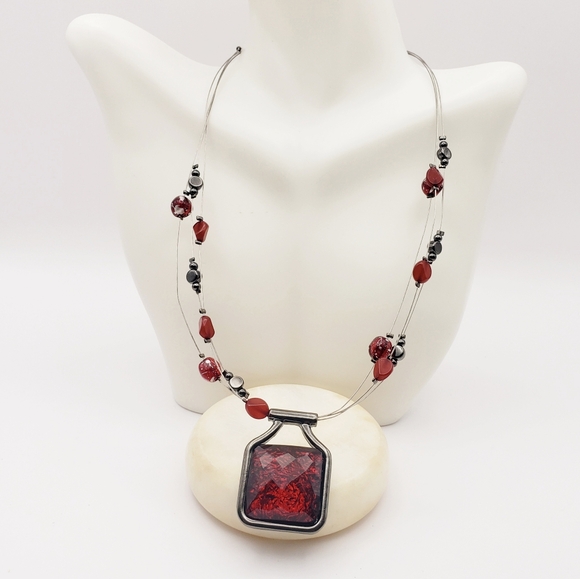 Ruby Red Gem Pendant with Ruby and Gunmetal Floating Beads Necklace - Picture 1 of 8